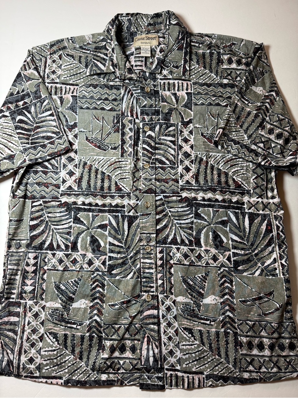 Vintage Cooke Street Honolulu Hawaiian Shirt M Sailboat Tapa Print Cotton